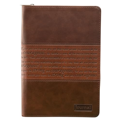Classic Faux Leather Journal Strong and Courageous Joshua 1:57 Bible Verse, Brown Inspirational Notebook, Lined Pages W/Scripture, Ribbon Marker, Zipp - Leather