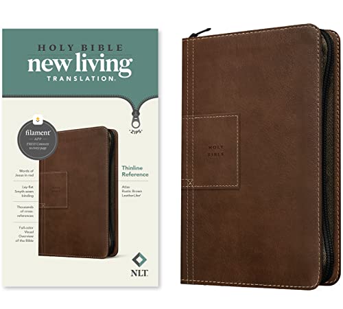 NLT Thinline Reference Zipper Bible, Filament Enabled (Leatherlike, Atlas Rustic Brown, Red Letter) - Imitation Leather