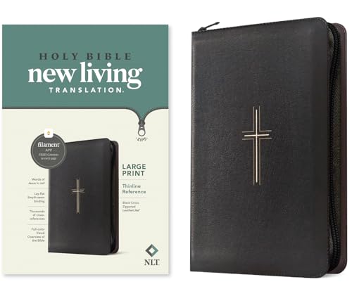 NLT Large Print Thinline Reference Zipper Bible, Filament Enabled (Leatherlike, Black Cross, Red Letter) - Imitation Leather