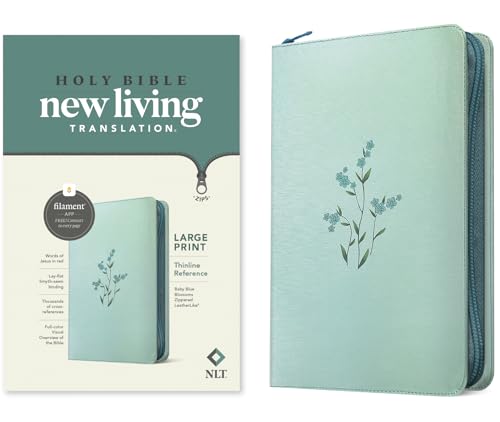 NLT Large Print Thinline Reference Zipper Bible, Filament Enabled (Leatherlike, Baby Blue Blossoms, Red Letter) - Imitation Leather