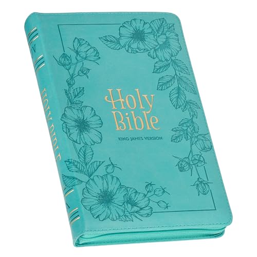 KJV Holy Bible, Standard Size Faux Leather Red Letter Edition - Thumb Index & Ribbon Marker, King James Version, Teal Floral Zipper Closure - Leather