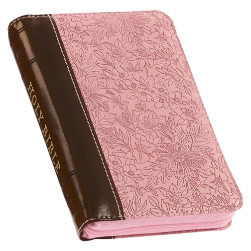 KJV Holy Bible, Mini Pocket Size, Faux Leather Red Letter Edition - Ribbon Marker, King James Version, Pink/Saddle Tan, Zipper Closure - Leather