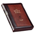 KJV Holy Bible, Compact Faux Leather Red Letter Edition - Ribbon Marker, King James Version, Burgundy/Saddle Tan, Zipper Closure - Leather