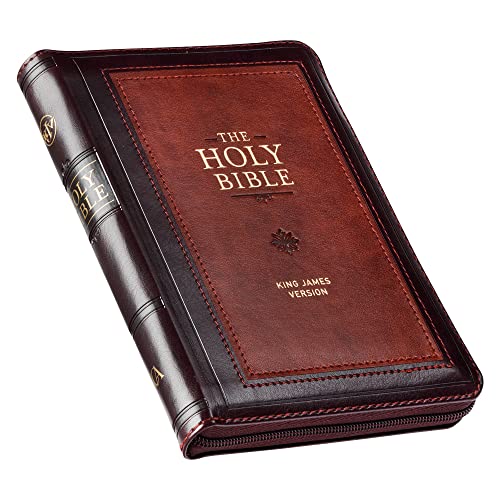 KJV Holy Bible, Compact Faux Leather Red Letter Edition - Ribbon Marker, King James Version, Burgundy/Saddle Tan, Zipper Closure - Leather
