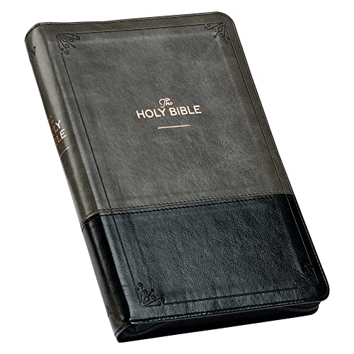 KJV Holy Bible Standard Size Faux Leather Red Letter Edition Thumb Index & Ribbon Marker, King James Version, Gray/Black, Zipper Closure - Leather