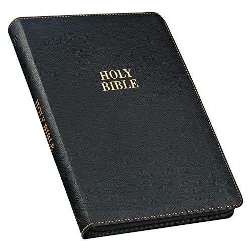 KJV Holy Bible, Thinline Large Print Faux Leather Red Letter Edition Thumb Index & Ribbon Marker, King James Version, Black, Zipper Closure - Leather