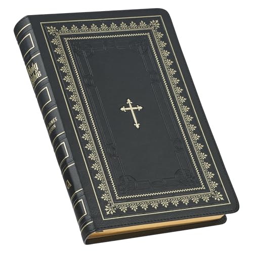 KJV Holy Bible Standard Size Faux Leather Red Letter Edition - Thumb Index & Ribbon Marker, King James Version, Black/Gold Cross - Leather