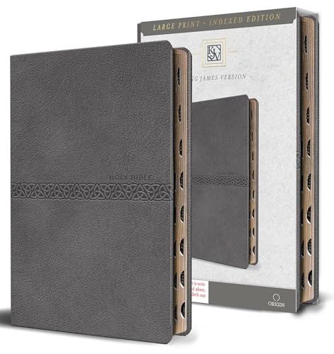 KJV Holy Bible, Large Print Medium Format, Gray Faux Leather with Ribbon Marker, Red Letter, Thumb Index - Bonded Leather