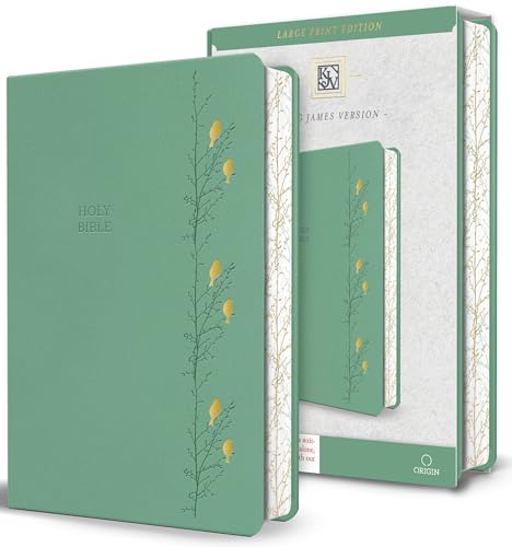 KJV Holy Bible, Large Print Medium Format, Green with Birds Faux Leather W/ Ribbon Marker, Red Letter - Bonded Leather